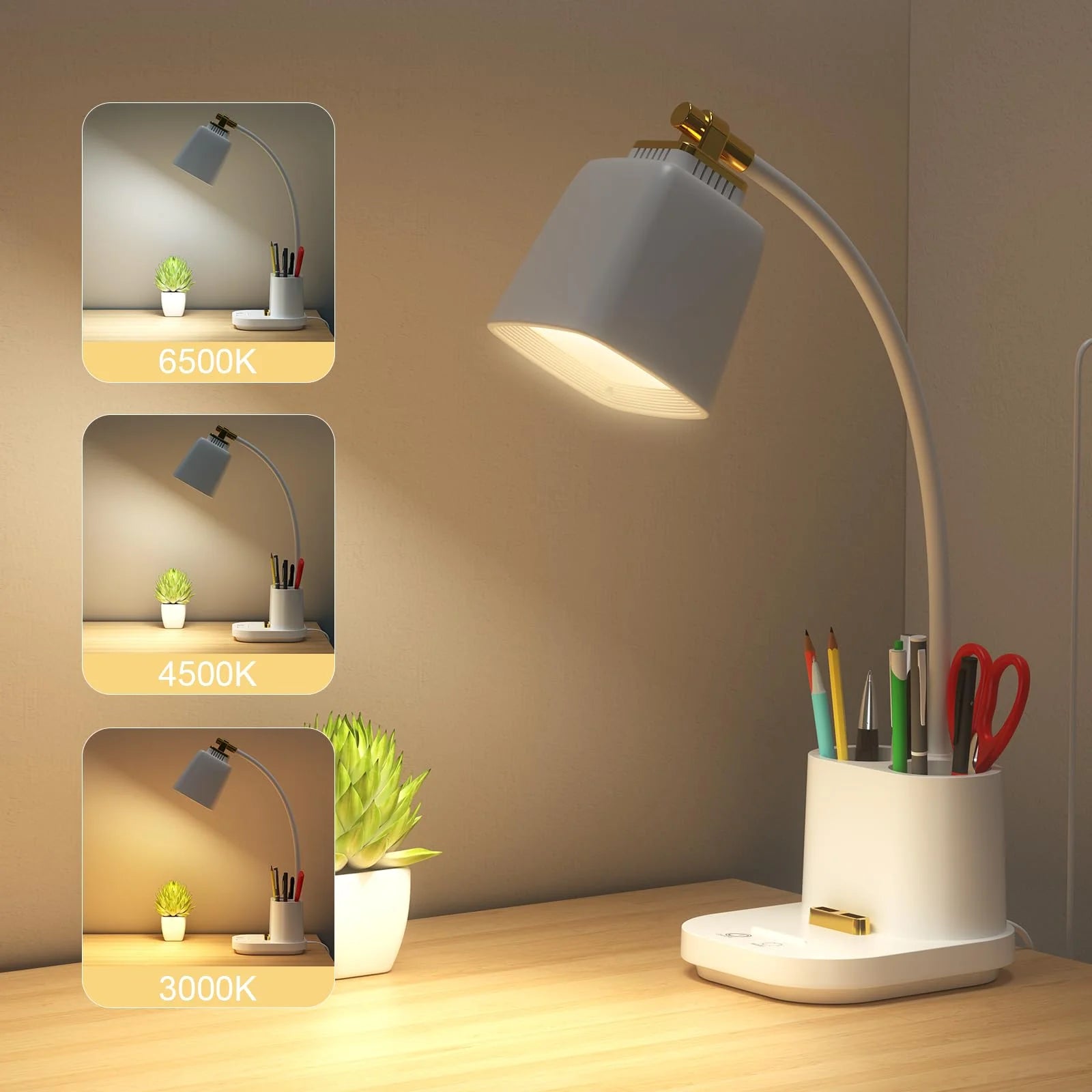 LED Desk Reading Lamp with USB Charging Port,Desk Lamps for Home Office,Stepless Dimming Desk Light with 5 Color Modes,Eye Caring Office Lamp ,Touch Control Study Lamp