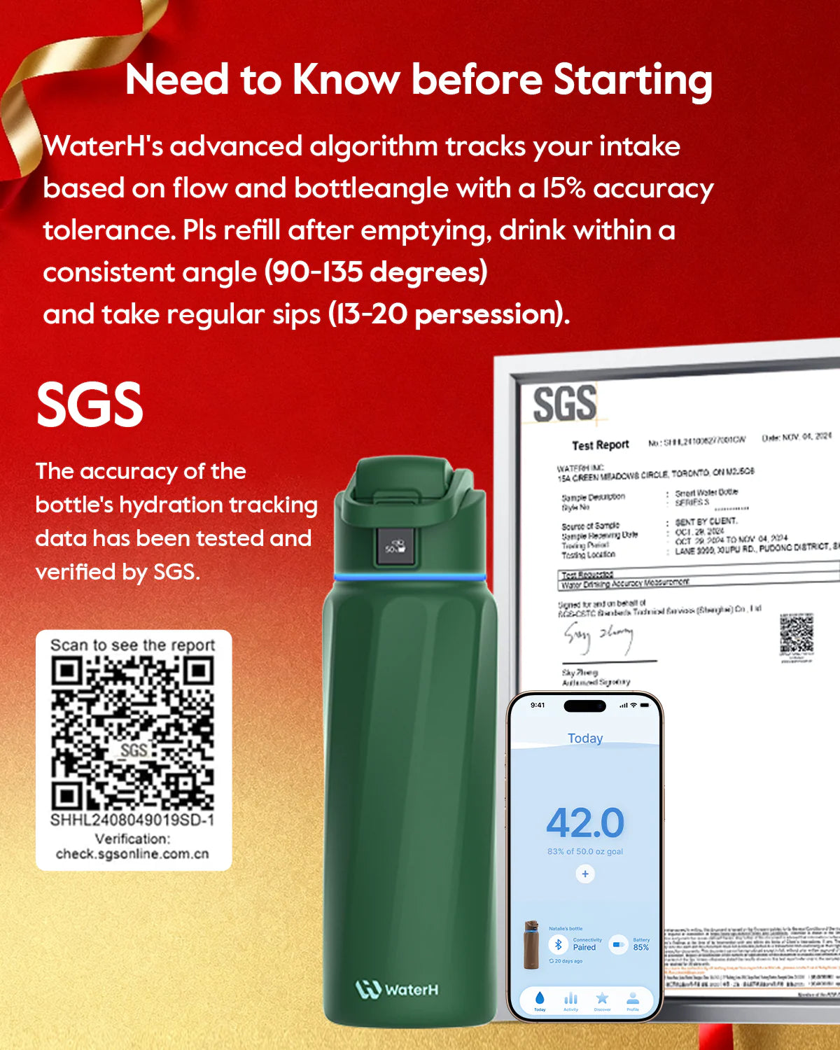 Waterh Boost Smart Water Bottle: 32 Oz Hydration Tracker with APP & Insulation