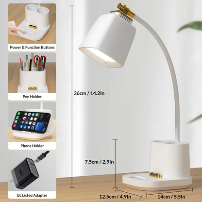 LED Desk Reading Lamp with USB Charging Port,Desk Lamps for Home Office,Stepless Dimming Desk Light with 5 Color Modes,Eye Caring Office Lamp ,Touch Control Study Lamp