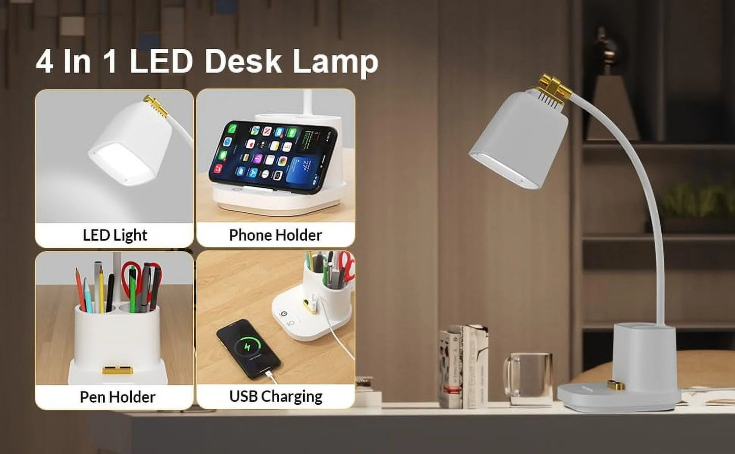 LED Desk Reading Lamp with USB Charging Port,Desk Lamps for Home Office,Stepless Dimming Desk Light with 5 Color Modes,Eye Caring Office Lamp ,Touch Control Study Lamp